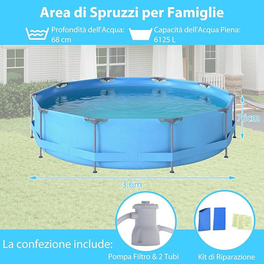 Piscina Fuori Terra 360 x 360 x 76 cm, Piscina Rotonda da Esterno con Struttura Metallica e Pompa Filtro, Capacità 6125 L, da Giardino per Adulti (3,6 m x 76 cm)