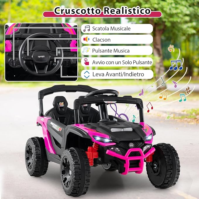 12V Macchina Elettrcia per Bambini, UTV Auto Elettrica con Telecomando, 3 Velocità, Luci LED, Musica, Clacson e Sospensioni a Molla, 3-5 km/h, Ideale per Bambini 3 Anni+ (Rosa)