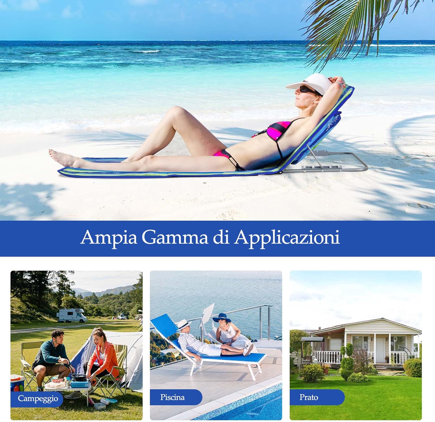 Tappettino da Spiaggia, Set di 2 Tappettini Spiaggia con Tavolino, Materassino Prendisole Pieghevole, Lettino da Spiaggia con Poggiatesta e Schienale Regolabile, Portabile con Tracolla