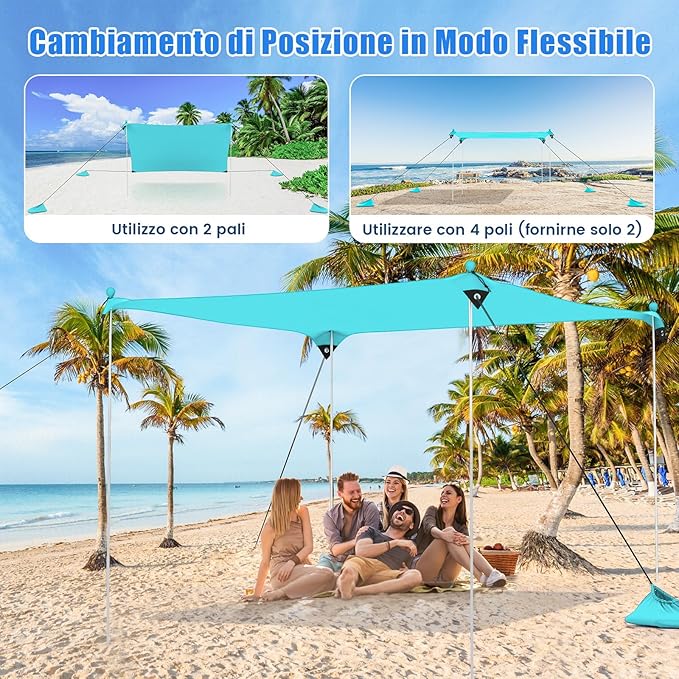 Tenda da Spiaggia Portatile, Tenda Protezione dai Raggi UV, con 4 Sacchetti di Sabbia, Borsa per il Trasporto, Parasole per 4-8 Persone, 300 x 300 x 200 cm (Verde)