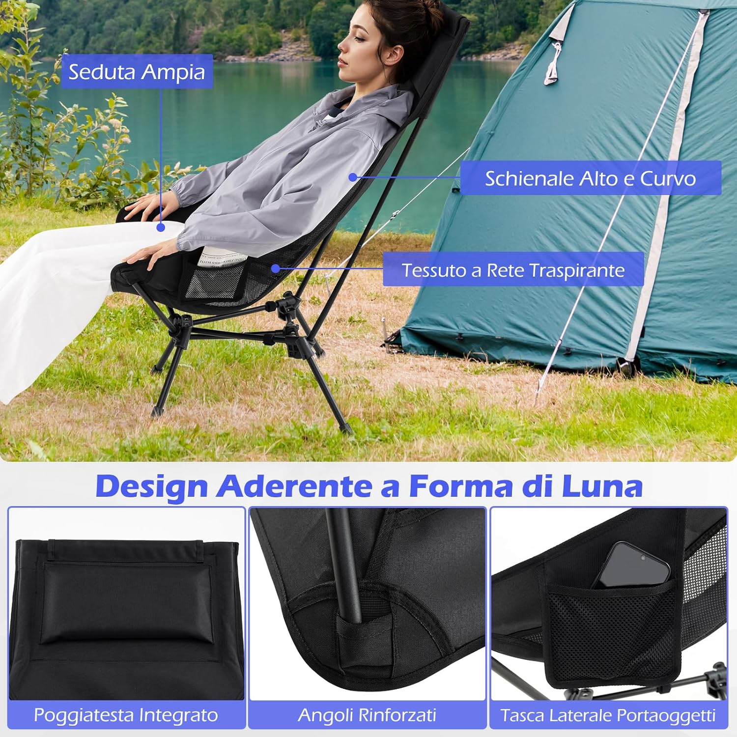 Sedia da Campeggio Portatile, Sedia Ergonomica Pieghevole da Zaino con Schienale Alto, Braccioli, Cusino e Borsa da Trasporto, Poltrona da Esterno per Spiaggia e Picnic, Portata 150 kg