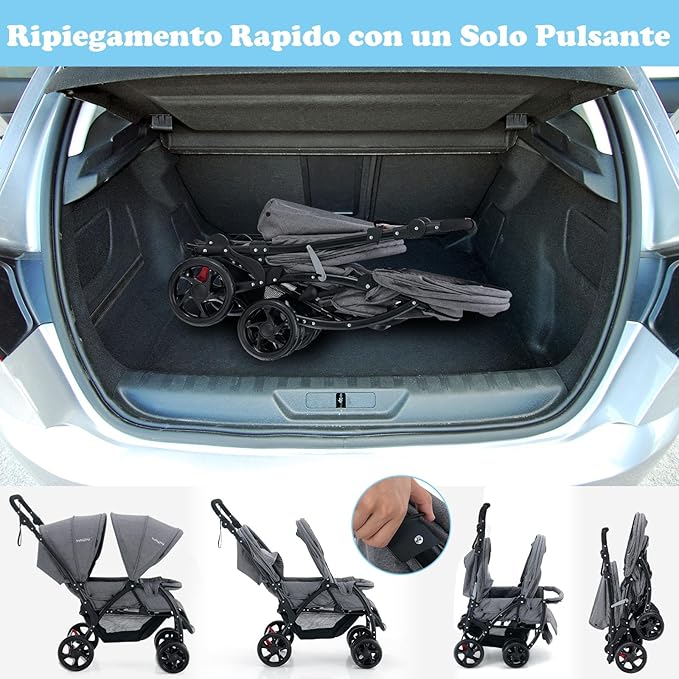 Passeggino Doppio Pieghevole per Bambini, Passeggino Gemellare Pieghevole, con Seduta in Tandem e Tettuccio, Schienale Regolabile, Ruote Bloccabili e Antiurto, Portata Totale 30 kg (Grigio)