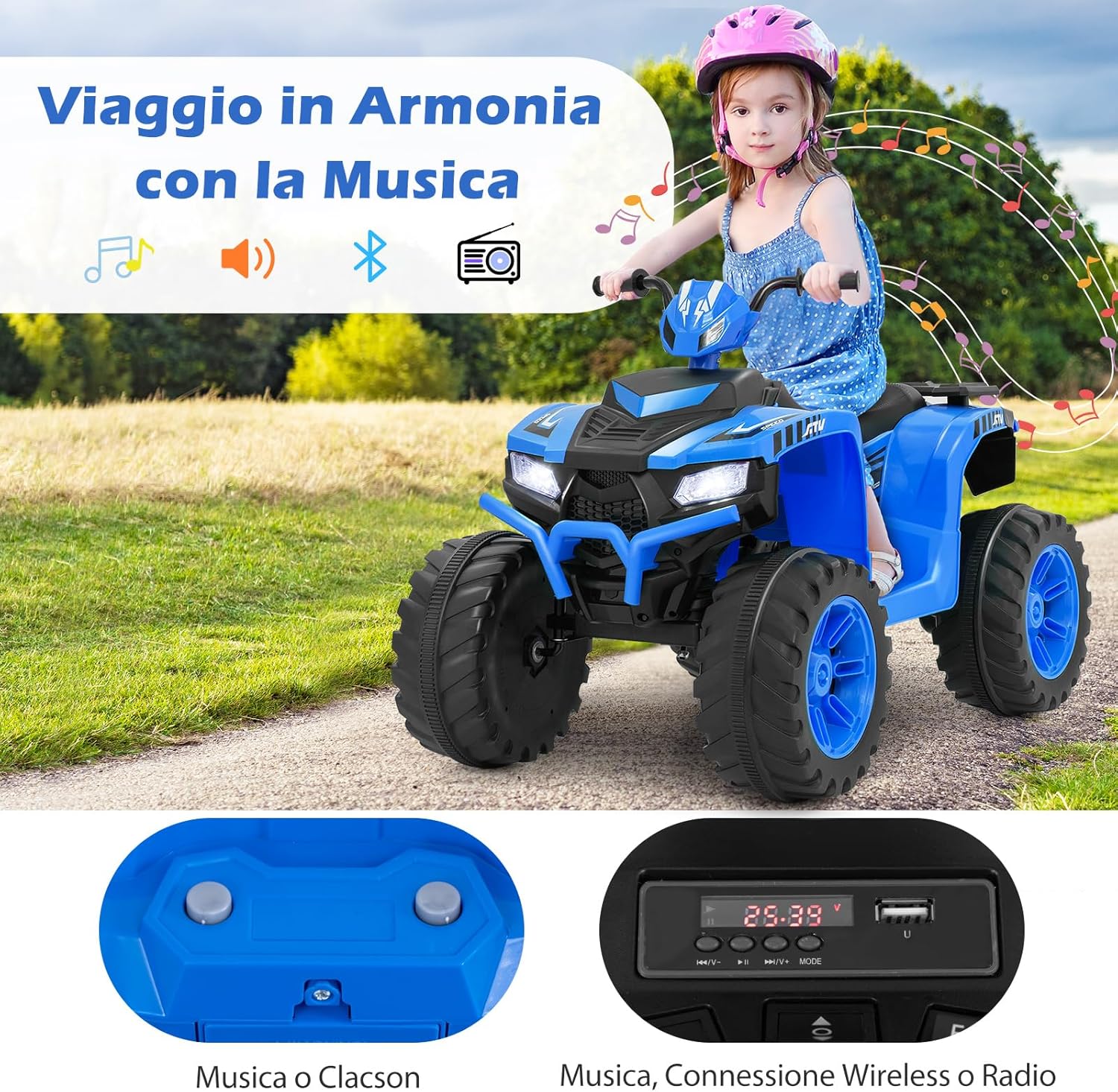 24V Quad Elettrico per Bambini, Macchina Elettrica Cavalcabile con Musica Radio Luci a LED, Avvio Lento, Velocità Fino a 5km/h, per Bambini 3-8 Anni (Blu)