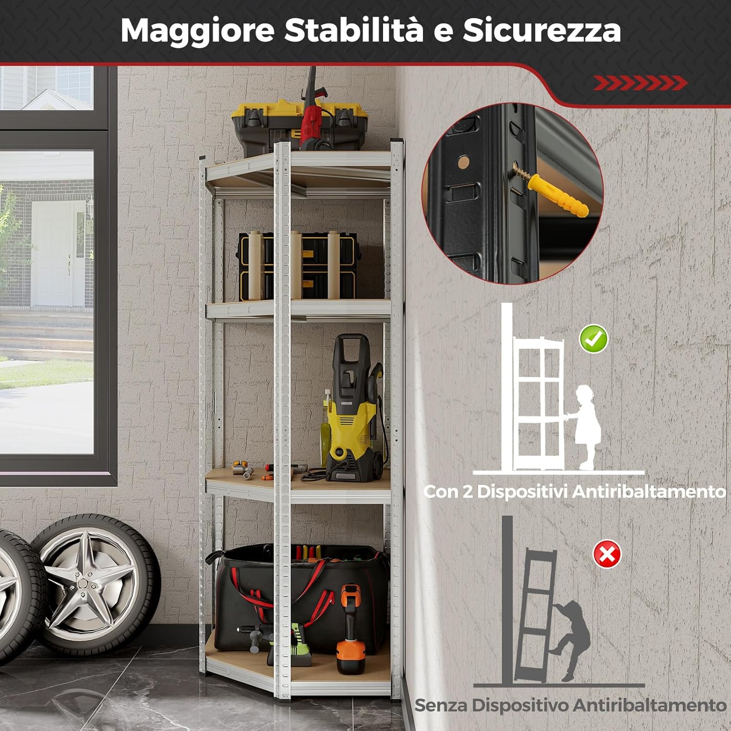 Scaffale ad Angolo a 4 Ripiani, Scaffalatura Regolabile per l'Archiviazione in Garage, Mensola Metallica Resistente, Carico 720 kg per Magazzino Dispensa e Cucina (Argento)