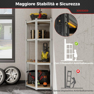 Scaffale ad Angolo a 4 Ripiani, Scaffalatura Regolabile per l'Archiviazione in Garage, Mensola Metallica Resistente, Carico 720 kg per Magazzino Dispensa e Cucina (Argento)