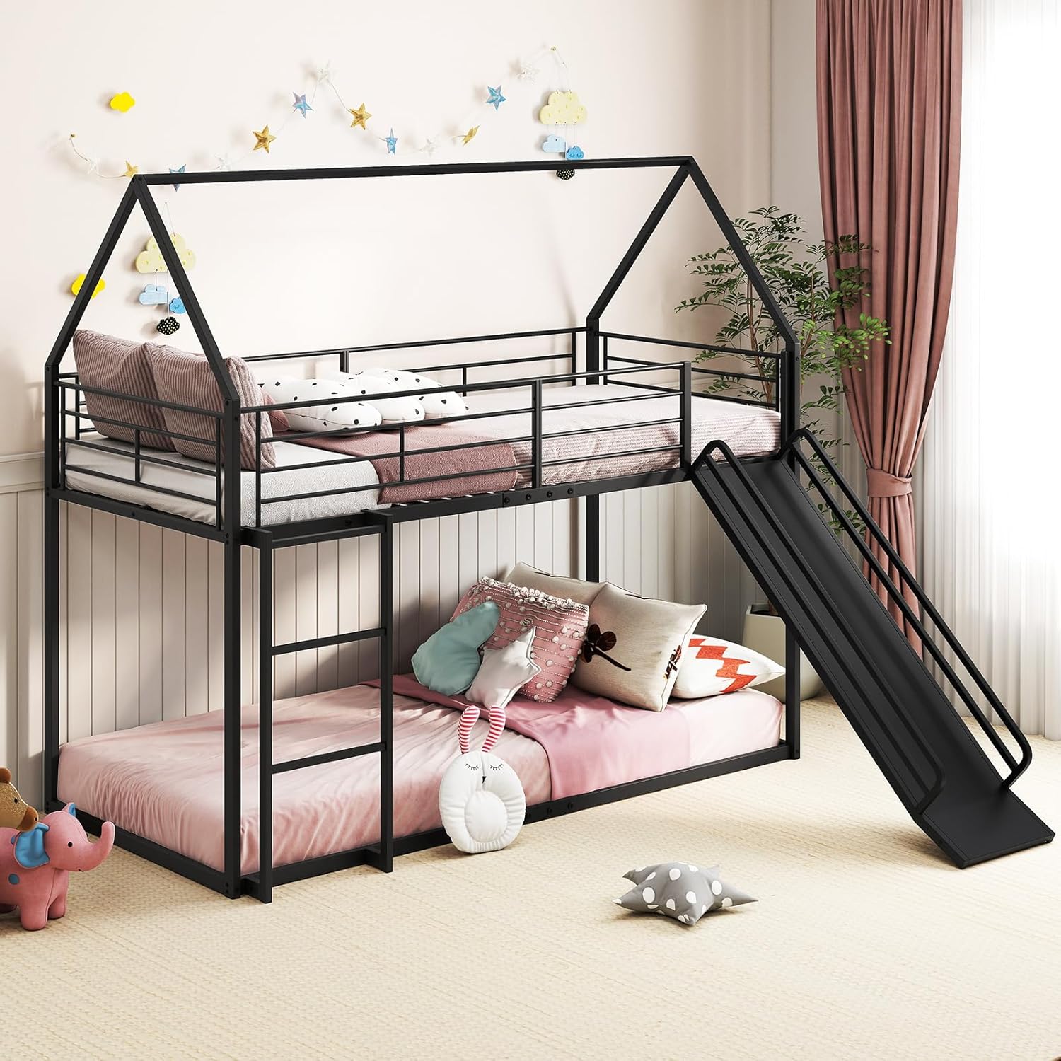 Letto a Castello per Bambini 90x200 cm, Letto Montessori con Scivolo Scala, Struttura in Metallo e Sponda di Sicurezza, Forma di Casa, senza Bisogno di Rete a Molle, Portata 110 kg (Nero)