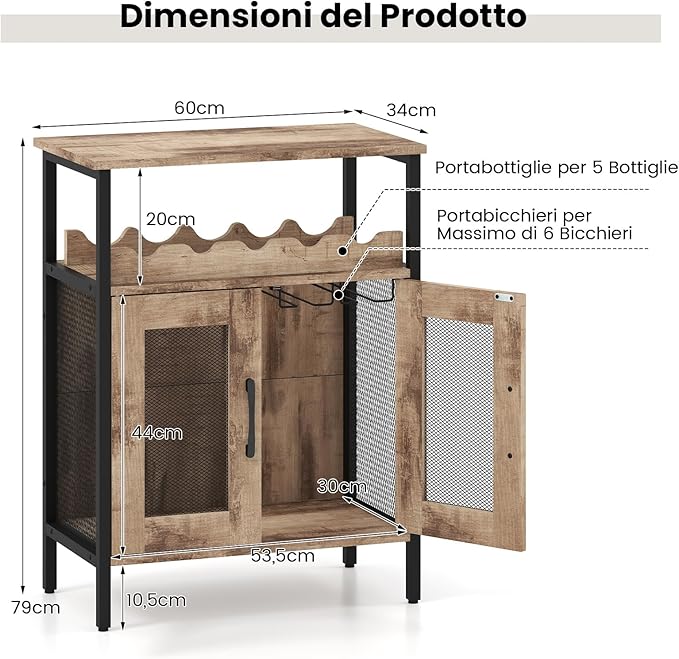 Armadio per Vino con Portaoggetti, Portabottiglie di Vino con Portabottiglie e Porta Bicchieri Rimovibili, Armadietto con Portabottiglie, 60 x 34 x 79 cm (Marrone Chiaro)