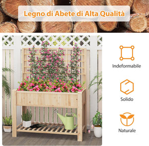 Letto da Giardino Rialzato, Fioriera Elevata con Traliccio, Mensola di Stoccaggio e Fori di Drenaggio, Orto Rialzato per Cortile, Giardino e Patio, 116 x 59 x 150 cm (Naturale)