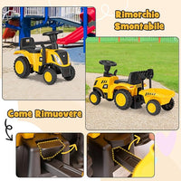 Trattore Cavalcabile per Bambini, Trattore Scorrevole con Rimorchio Staccabile Pala e Rastrello, 6 Ruote Suono e Luci, Ideale per Bambini 1,5-3 Anni