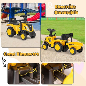 Trattore Cavalcabile per Bambini, Trattore Scorrevole con Rimorchio Staccabile Pala e Rastrello, 6 Ruote Suono e Luci, Ideale per Bambini 1,5-3 Anni