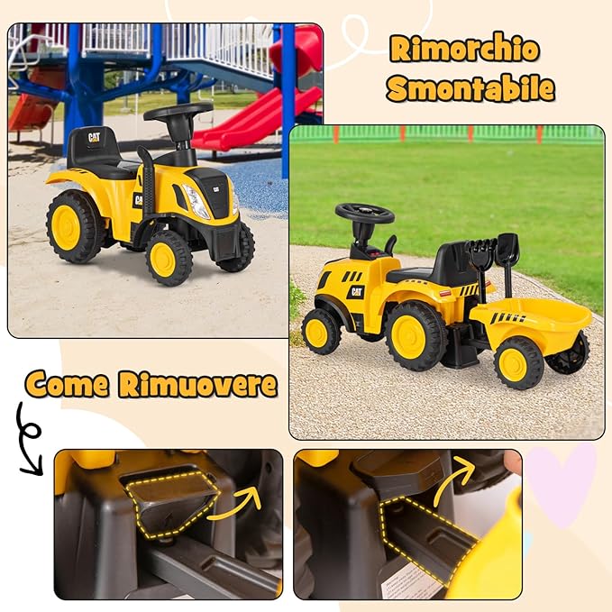 Trattore Cavalcabile per Bambini, Trattore Scorrevole con Rimorchio Staccabile Pala e Rastrello, 6 Ruote Suono e Luci, Ideale per Bambini 1,5-3 Anni