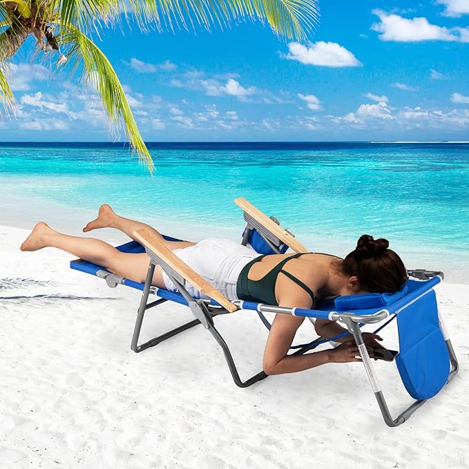 Sedia da Spiaggia Pieghevole 3 in 1, con Foro per il Viso, Poggiapiedi, Schienale Regolabile, Cuscino, Poltrona Prendisole per Spiaggia, Campeggio, Bordo, Piscina, Portata 150 kg (Blu)