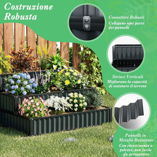 Fioriera da Giardino Rialzato a 3 Livelli, Aiuola Elevata in Metallo con Base Aperta per Ortaggi, Frutta, Fiori ed Erbe, Orto Rialzato da Giardino, Patio e Cortile, 118 x 118 x 61 cm