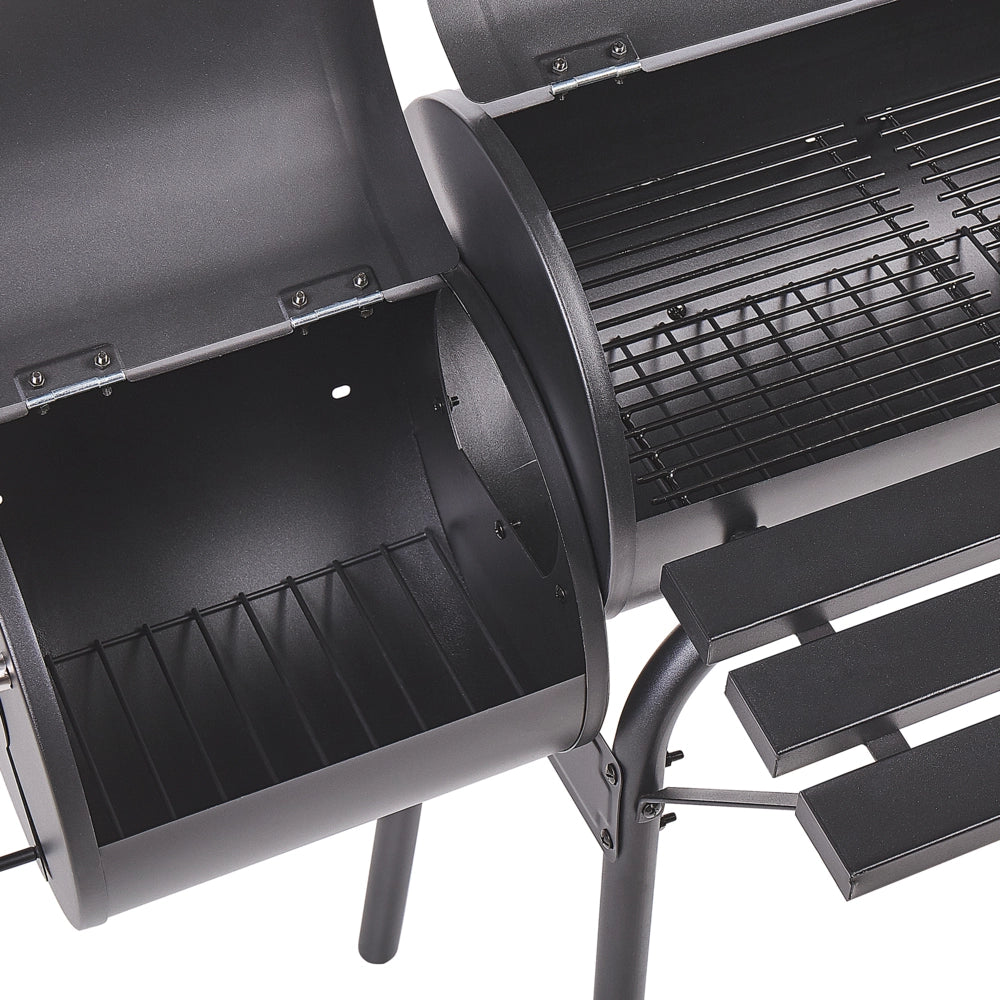 Griglia per barbecue a carbonella in acciaio Nero con coperchio con ruote Griglia di cottura con ripiano affumicatore sfalsato