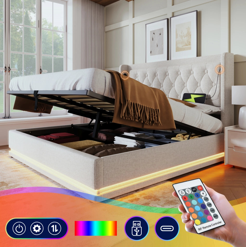 Letto con contenitore idraulico; LED; USB e Type-C
