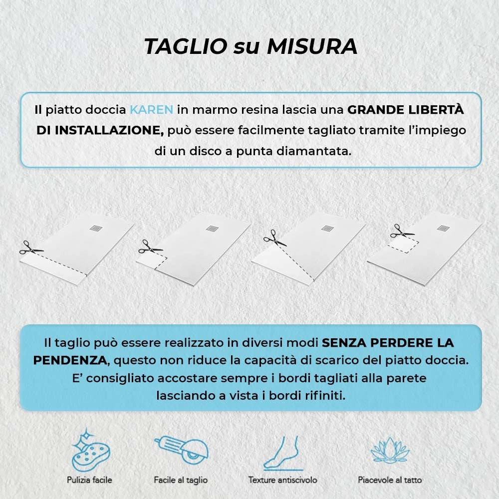 Piatto doccia su misura 80x140 Karen in resina bianco effetto pietra