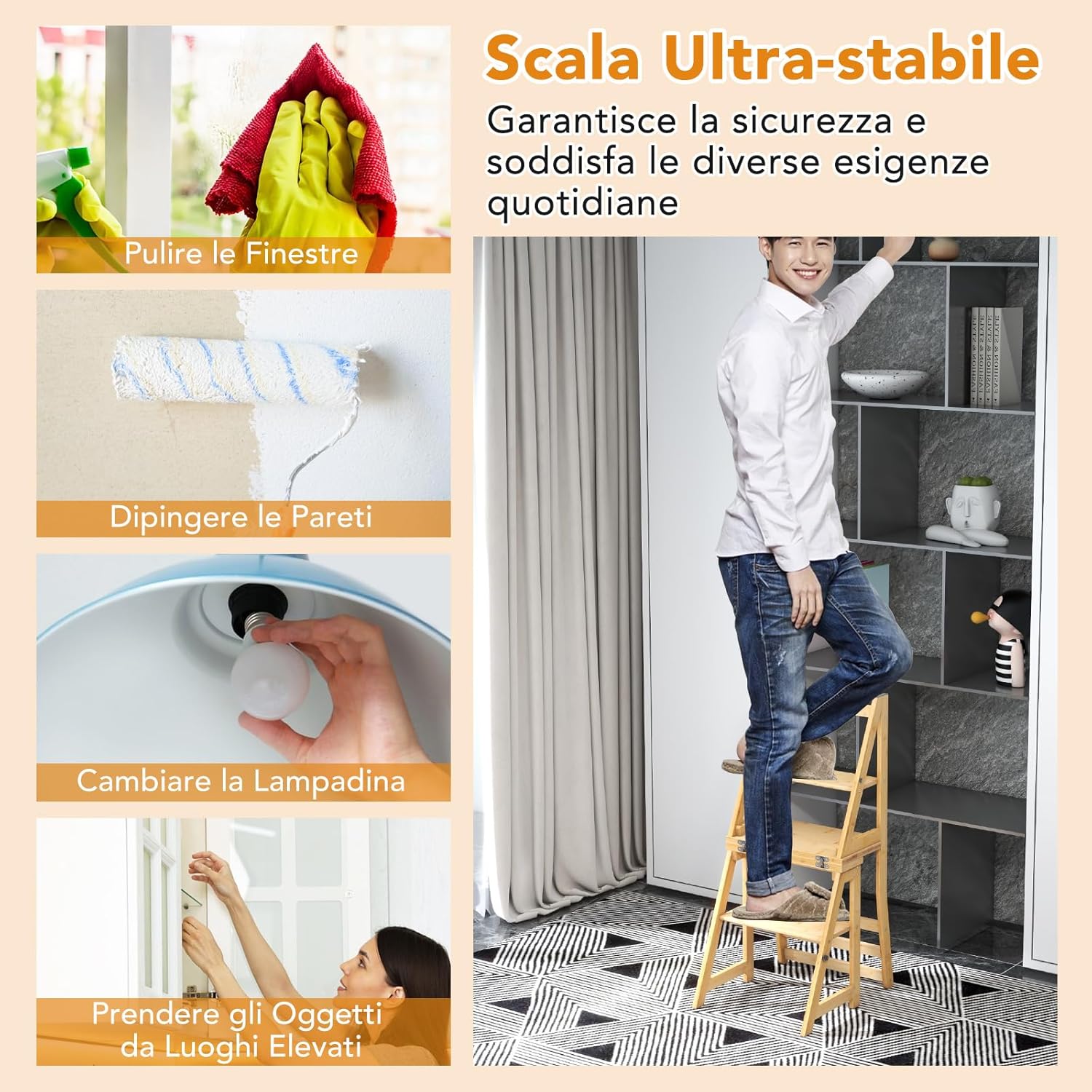 3 in 1 Sedia Scaletta Pieghevole, Sgabello Scaletta Convertibile a 3 Gradini con Struttura in Bambù, per Biblioteca, Cucina e Ufficio, Capacità 150 kg