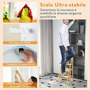 3 in 1 Sedia Scaletta Pieghevole, Sgabello Scaletta Convertibile a 3 Gradini con Struttura in Bambù, per Biblioteca, Cucina e Ufficio, Capacità 150 kg