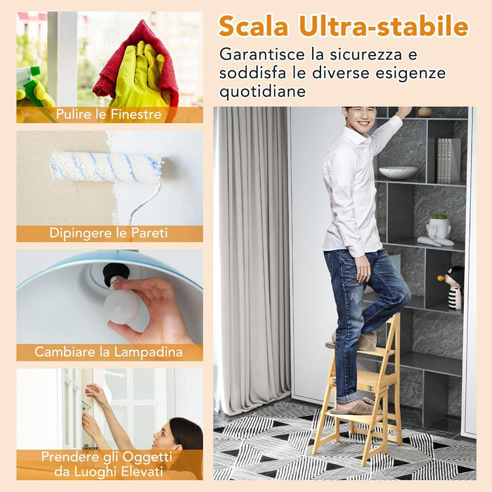 3 in 1 Sedia Scaletta Pieghevole, Sgabello Scaletta Convertibile a 3 Gradini con Struttura in Bambù, per Biblioteca, Cucina e Ufficio, Capacità 150 kg