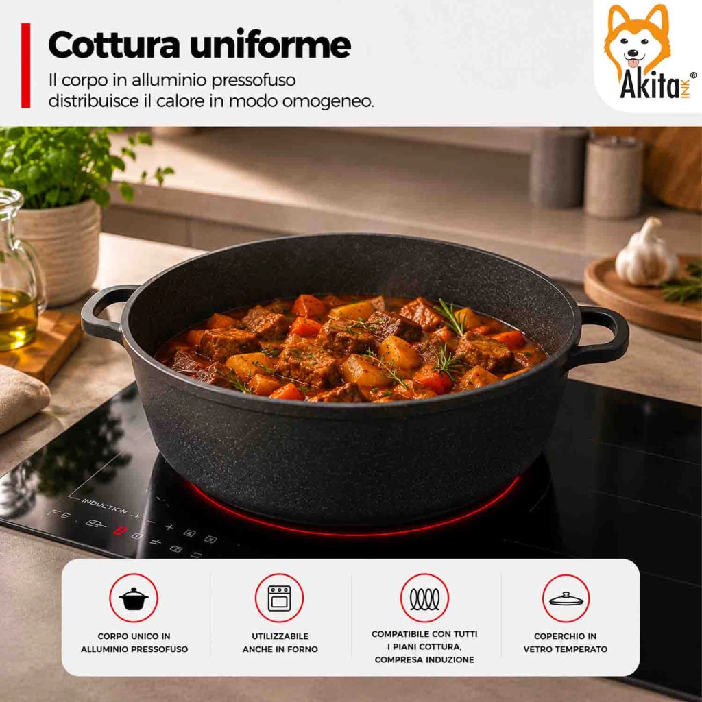 Akitaink Casseruola Alluminio Pressofuso Coperchio in Vetro 28 cm