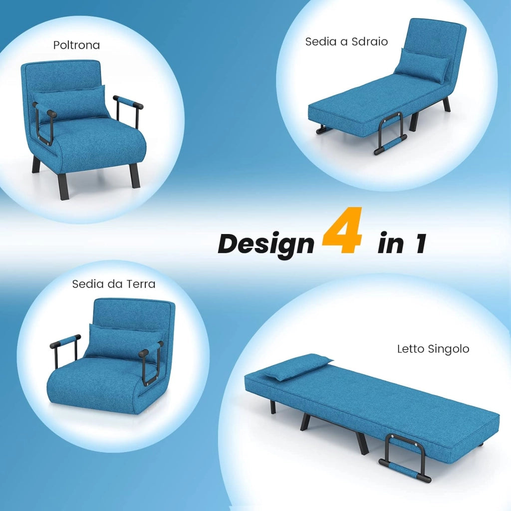 Poltrona Letto, 4 in 1 Poltroncina Pieghevole con Schienale Regolabile in 6 Posizioni, Sedile Imbottito Robusto, Divano Letto Singolo per Casa Ufficio, 79x65x79 cm (Blu)
