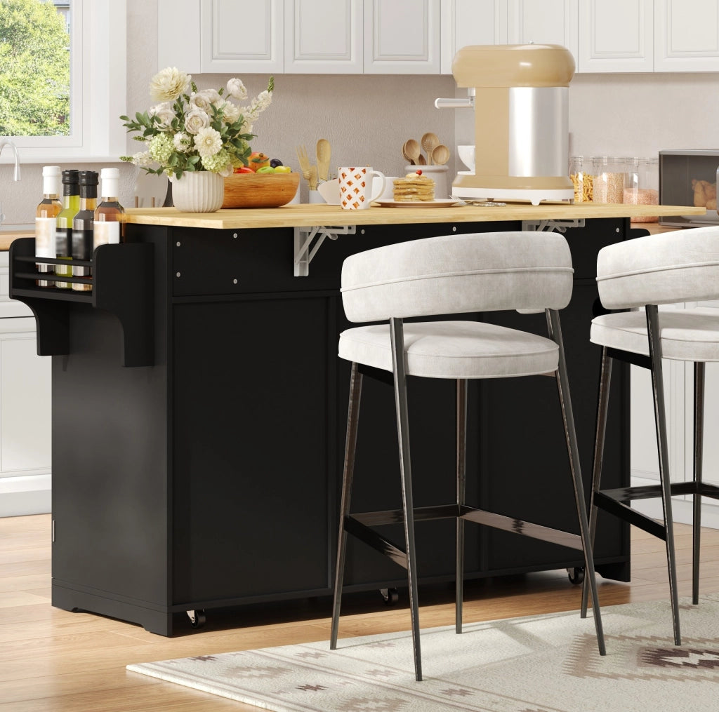 Isola da cucina mobile 136 x 75 x 92 cm in MDF nero e naturale; con prese integrate e 3 cassetti