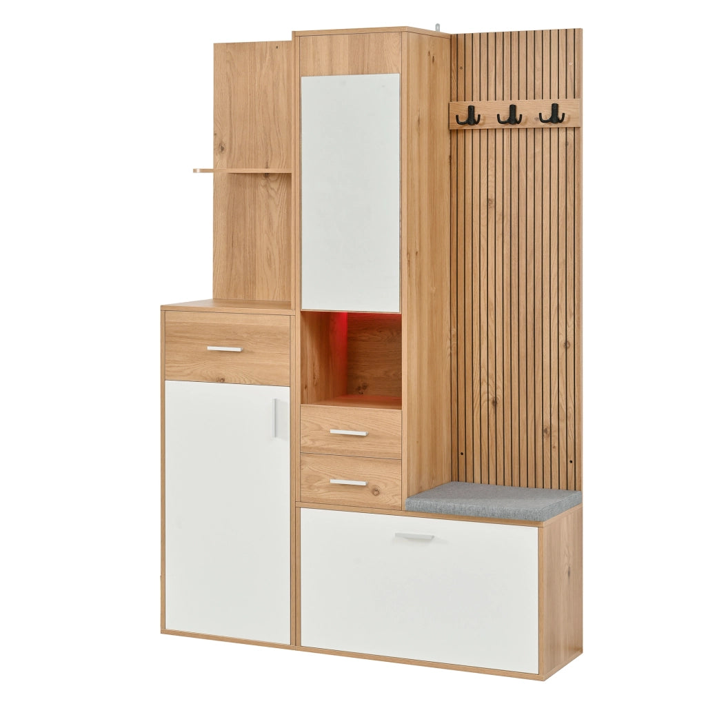 Guardaroba da ingresso multifunzione con specchio; panca; 2 cassetti; LED con app; 120 × 32 × 178 cm