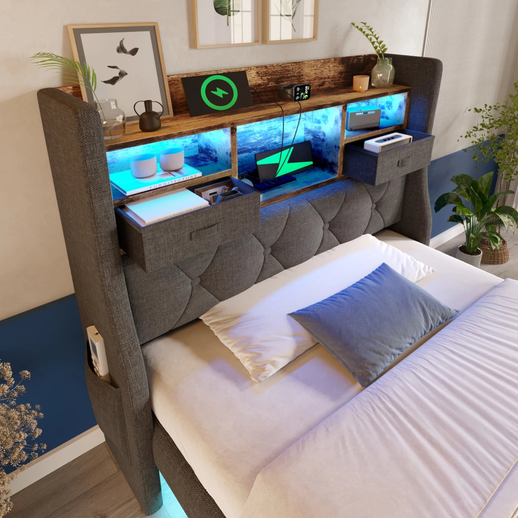LETTO 90x200 cm Grigio in Lino con testiera LED e materasso incluso