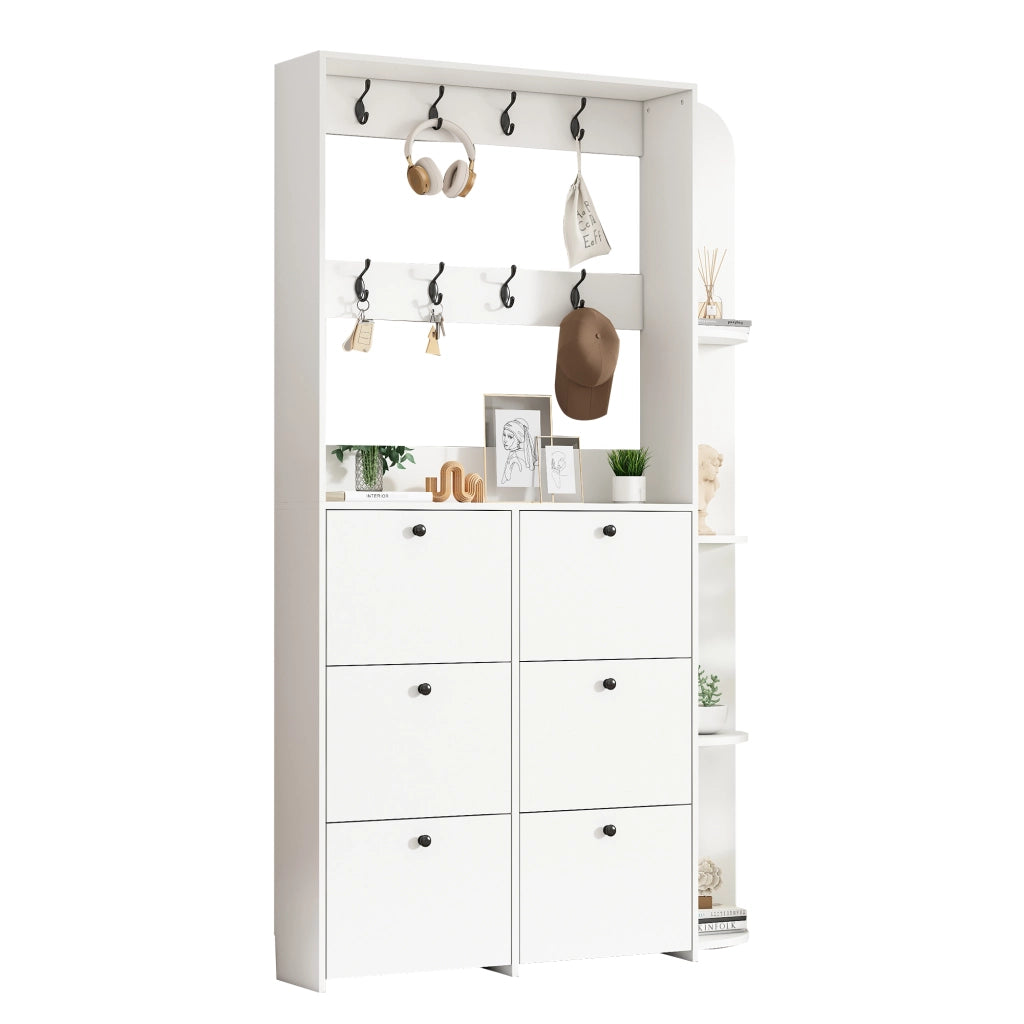 Scarpiera Multifunzione con Appendiabiti ¨C MINIMAL ¨C Bianco, 8 Ganci, 5 Ripiani, 120x24x200 cm