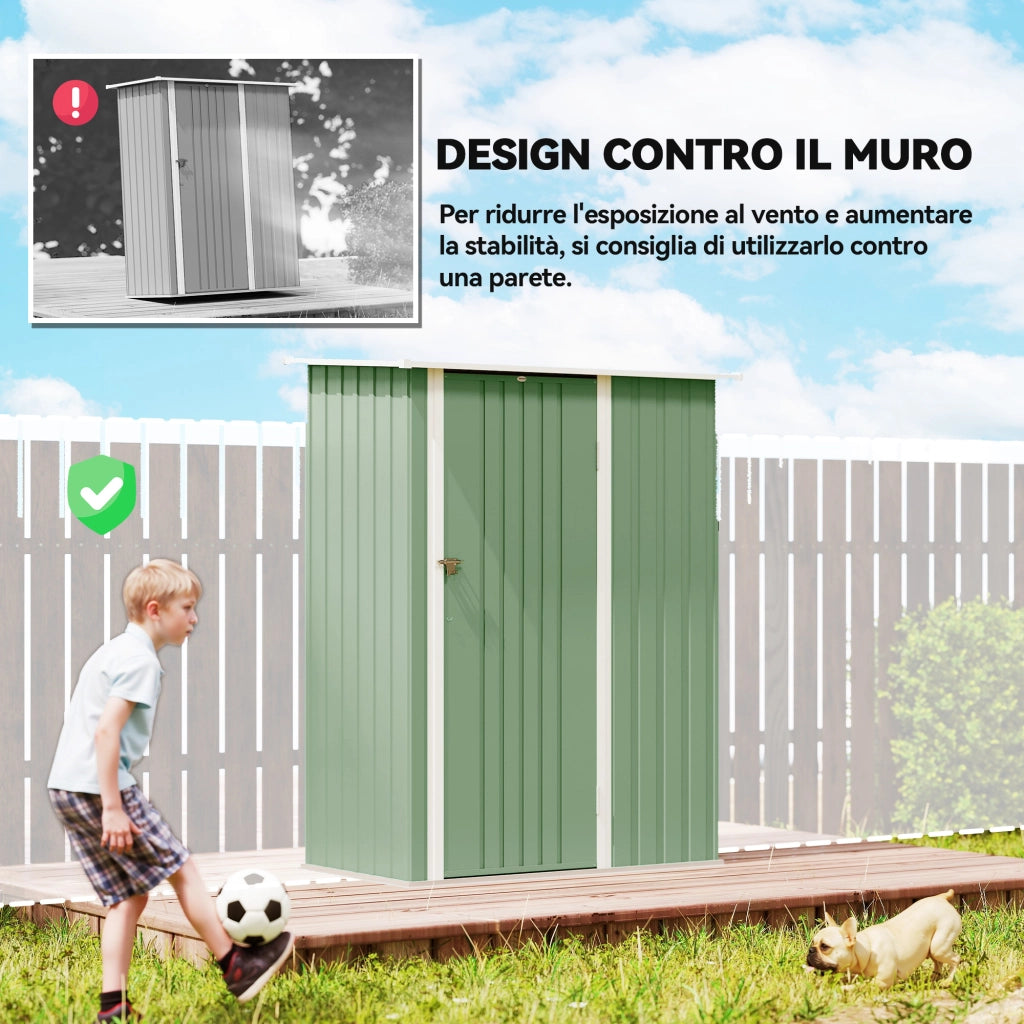 Capanno Porta Attrezzi 142x86x189 cm con Tetto Inclinato e Porta Bloccabile in Metallo Verde Chiaro