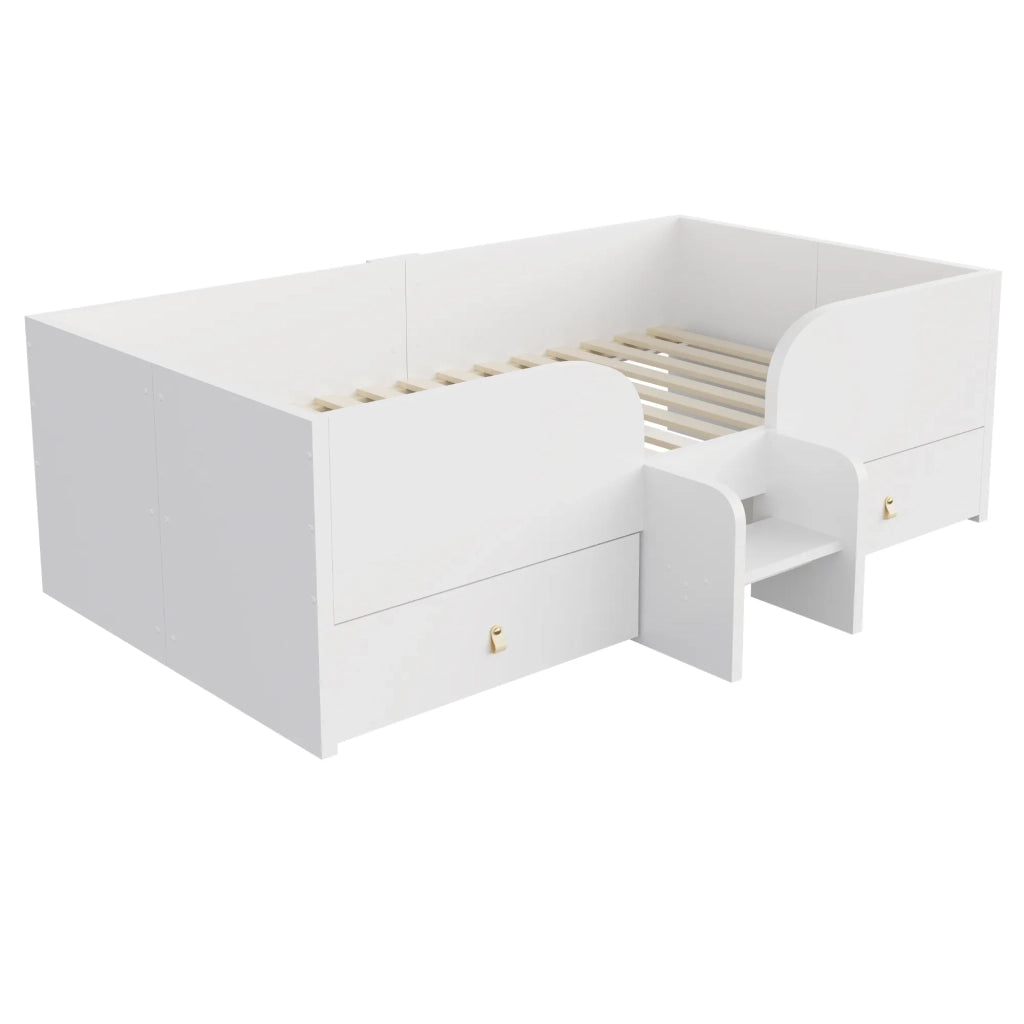 Letto singolo in legno bianco 90x200 cm con 2 grandi cassetti e piccola scala di sicurezza