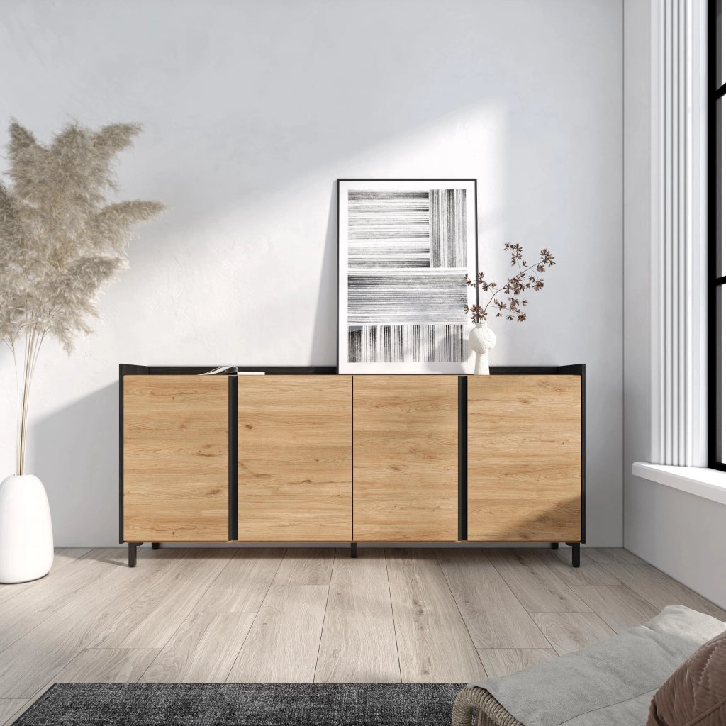 Credenza, Mobile, Cucina, 207x91x35 cm, 4 Porte, Design industriale, Rovere e nero