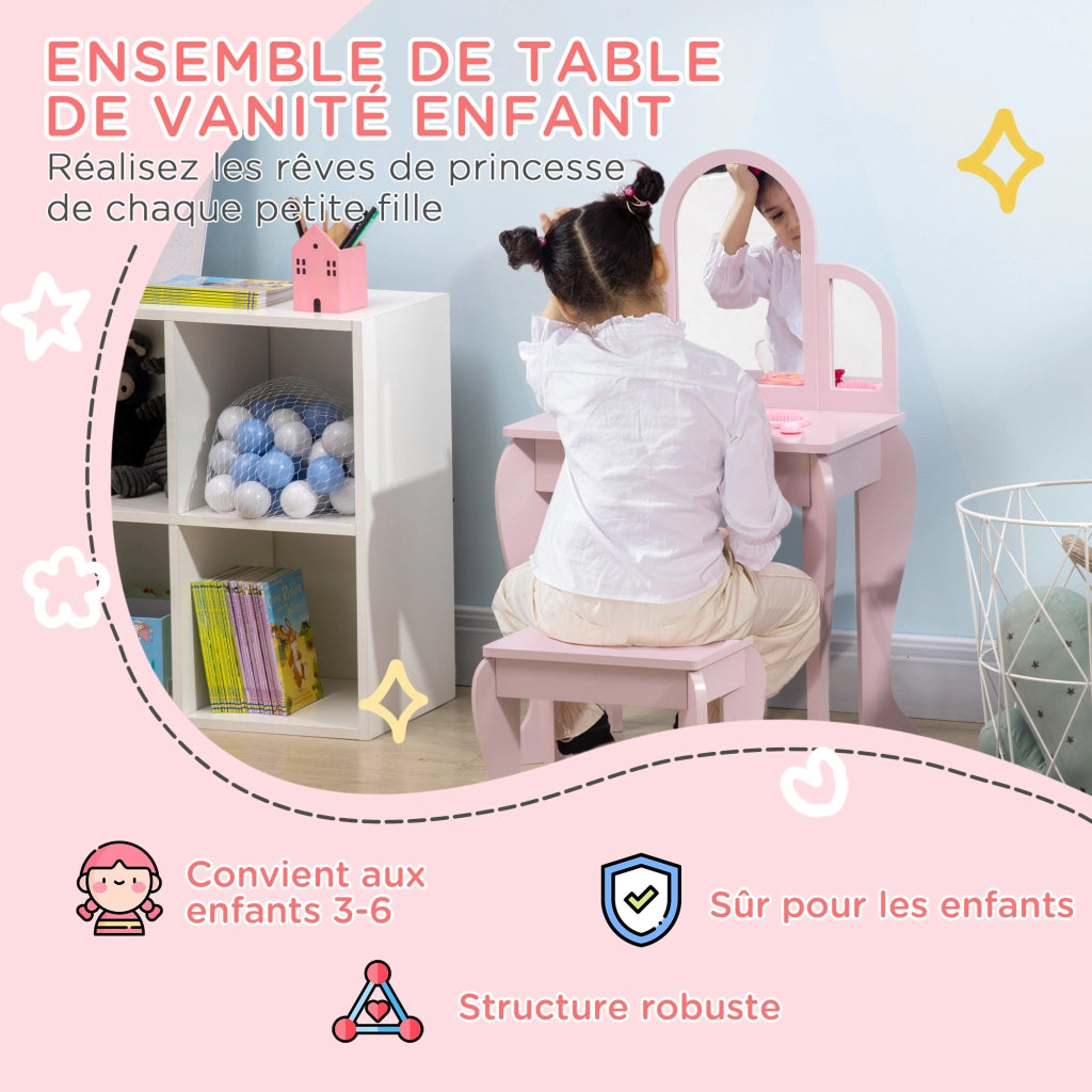 Tavolo da trucco bambini con specchio e cassetto ¨C zephmum ¨C rosa 52x32x85 cm