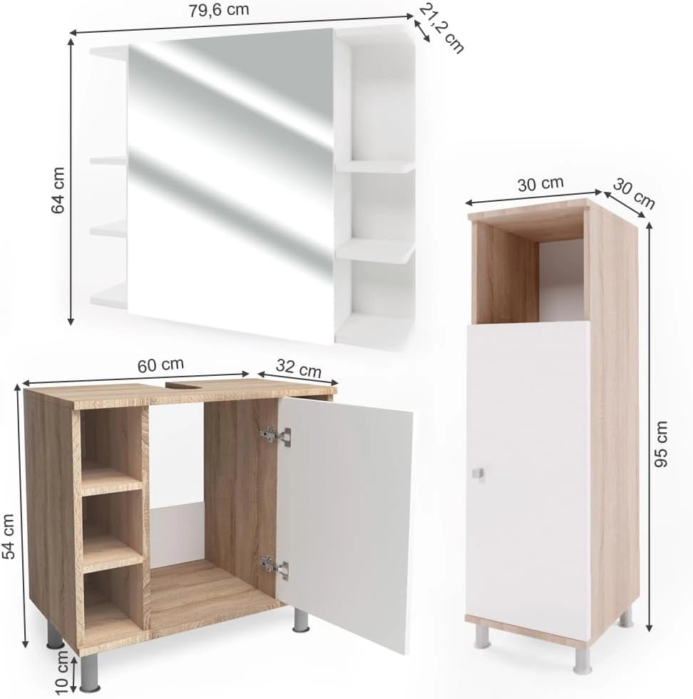 Set mobili bagno Fynn, Sonoma, 60 cm, composto da mobile sottolavabo, specchiera e mobile medio