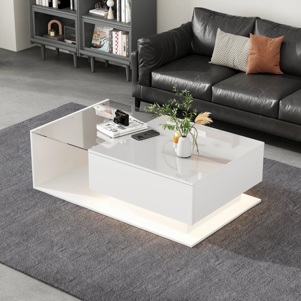 Tavolino da caff¨¨ bianco lucido 100x50x32 cm con piano in vetro, cassetto e illuminazione LED intelligente