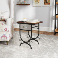 Comodino con cassetto in tessuto con piano in legno e struttura metallica-Tavolino da letto industriale a 2 ripiani Marrone scuro