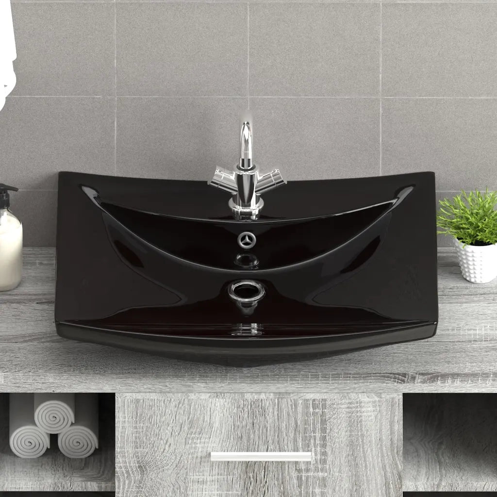 Lavabo-Lavandino-Lavello Nero Ceramica Lusso Rettangolare Foro Trabocco Foro Rubinetto