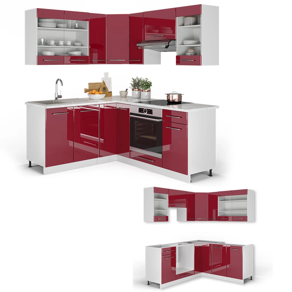 Cucina angolare completa Fame-Line Bordeaux lucido/Bianco 190 x 60 cm, PL Marmo Vicco