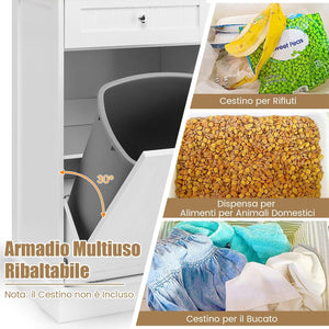 Credenza Cucina con 42L Pattumiera, Mobile per Pattumiera Ribaltabile con Piano in Legno di Gomma 2 Cassetti e Ripiano Regolabile, 100x35,5x90 cm (Bianco)