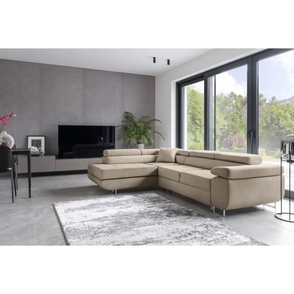 Divano angolare trasformabile MENTON beige in velluto – Angolo sinistro con baule