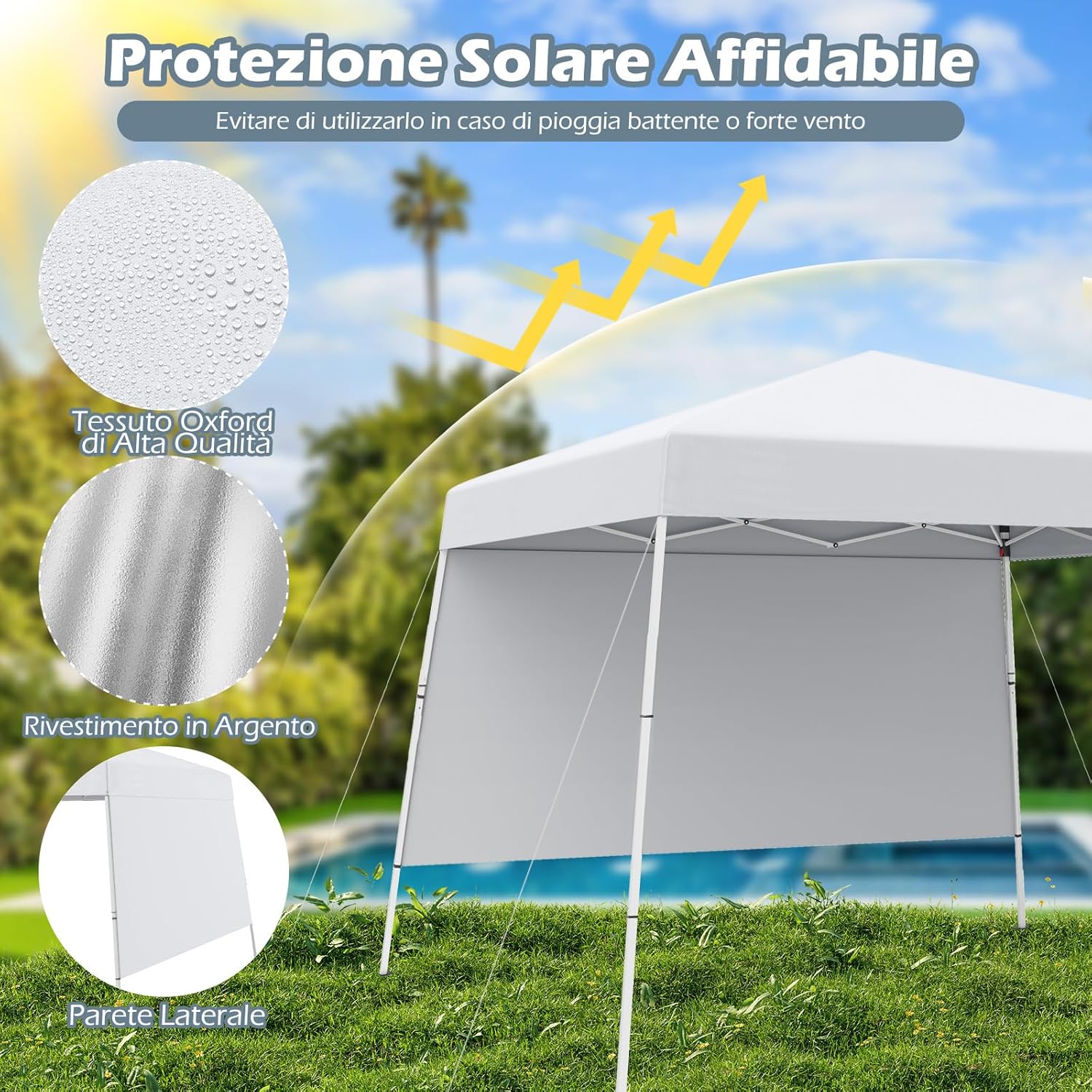 Gazebo Pop-up da Esterno 3 x 3 m, Gezebo Pieghevole con 1 Parete Laterale, Zaino Portatile e 4 Picchetti, Tendone Impermeabile e Resistente per Campeggio e Feste (Bianco)