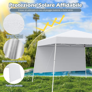 Gazebo Pop-up da Esterno 3 x 3 m, Gezebo Pieghevole con 1 Parete Laterale, Zaino Portatile e 4 Picchetti, Tendone Impermeabile e Resistente per Campeggio e Feste (Bianco)