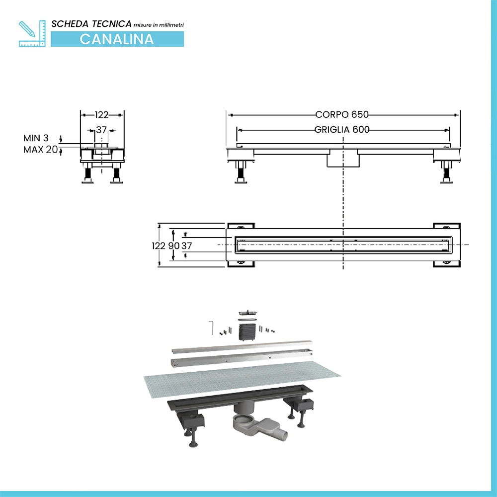Canalina doccia 60 cm in alluminio reversibile scarico centrale, sifone e piletta inclusi