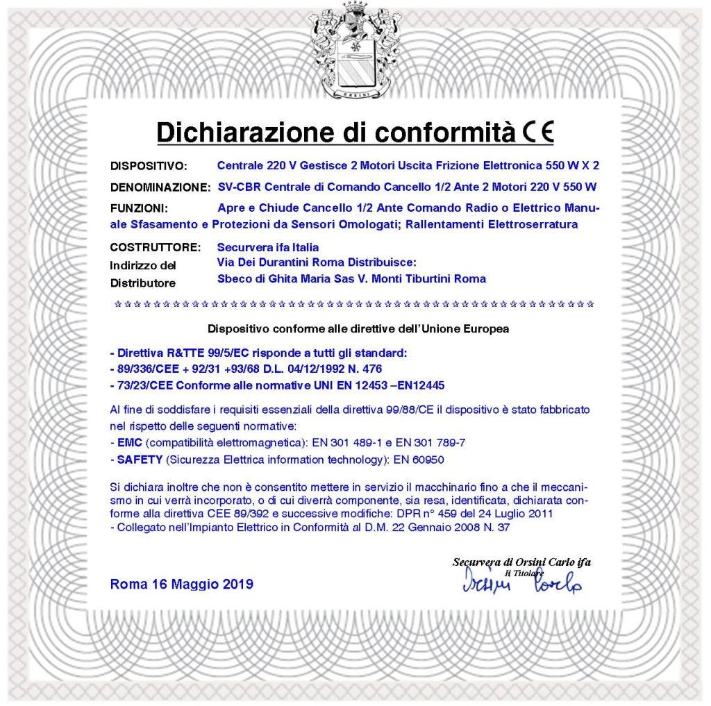 Scheda Cancello 2 Ante CBR 230 V 50 Hz Incorpora Ricevente Radio 433,92 MHz Apprende 254 Codici 8 Funzioni Regolazione Forza Autoapprende Corsa e Rallentamento Uscita Lampeggiante Elettroserratura