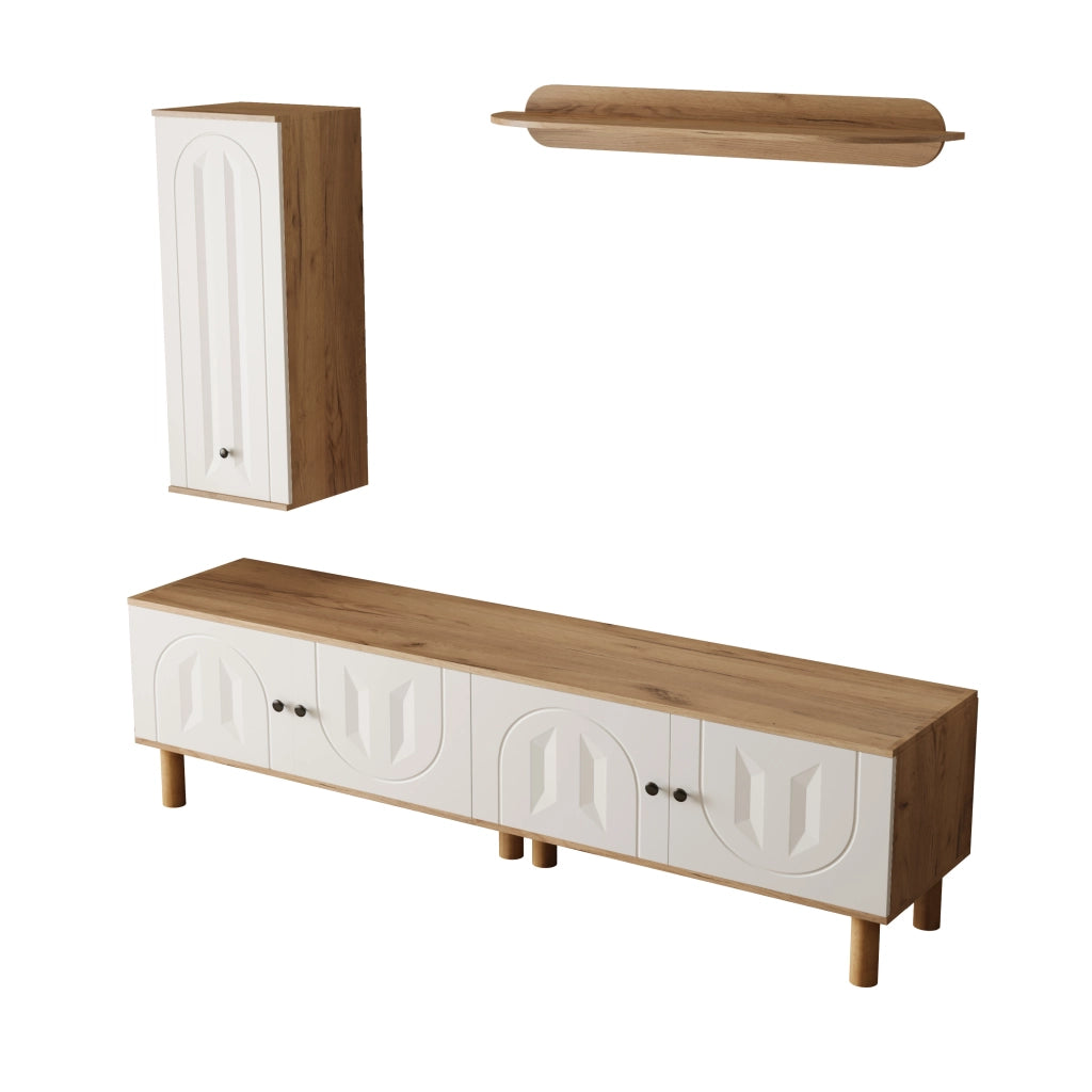 Parete Attrezzata 3 Pezzi con Highboard e Ante Intagliate ¨C MINIMAL ¨C Bianco e Legno