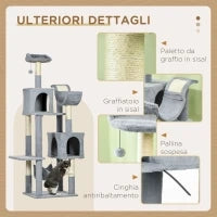 Albero per Gatti con Amaca, Lettino e 2 Casette, in Truciolato e Peluche, 55x49x177 cm, Grigio e Bianco