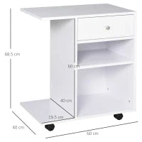 Mobiletto per Stampante in Legno con 4 Ruote, Mensola Regolabile e Piano per CPU, Bianco