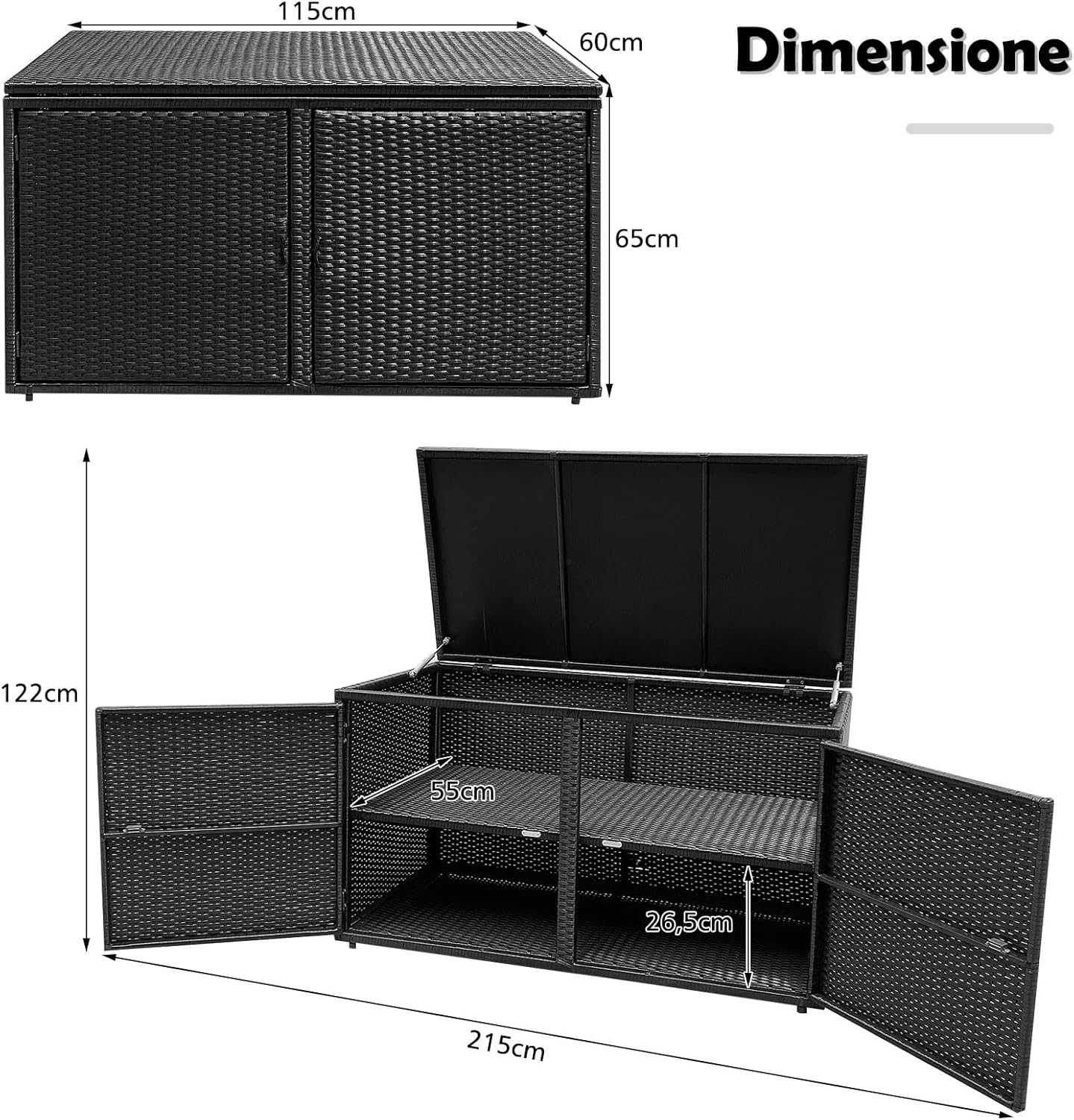 Baule Contenitore da 335 L, con Coperchio e 2 Ripiani, Contenitore da Giardino con Telaio in Acciaio, Baule Cassapanca per Attrezzi e Giocattoli, per Interno ed Esterno (Nero)