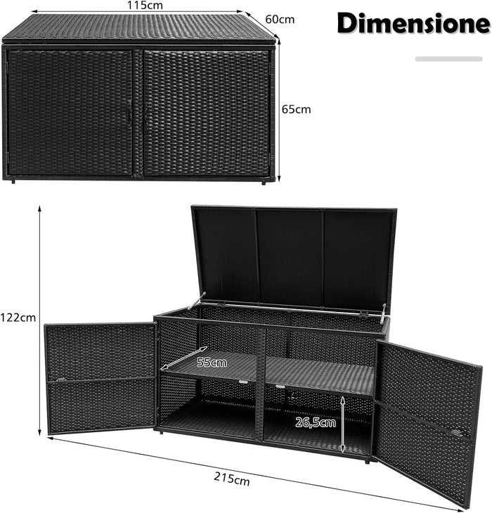 Baule Contenitore da 335 L, con Coperchio e 2 Ripiani, Contenitore da Giardino con Telaio in Acciaio, Baule Cassapanca per Attrezzi e Giocattoli, per Interno ed Esterno (Nero)