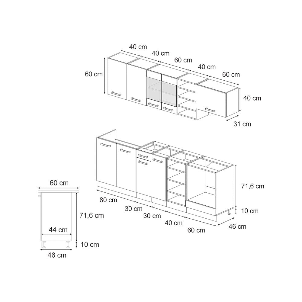Cucina componibile R-Line Rovere artigianale/Antracite 240 cm, PL Marmo Vicco